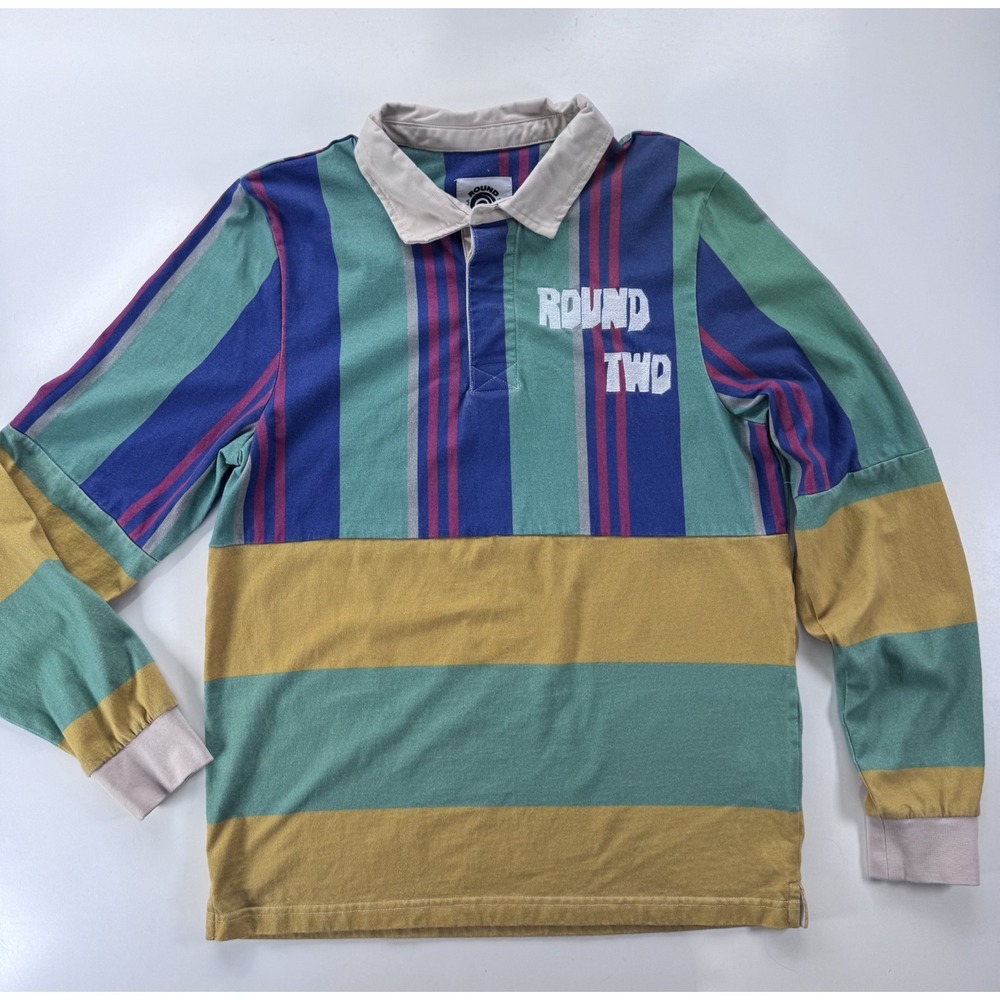 ROUND TWO Sean Wotherspoon Striped Colorblock Rugby Shirt Mens Medium Streetwear